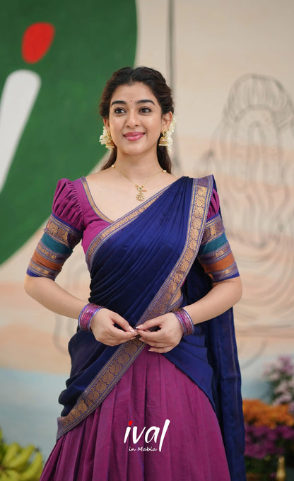 Padmaja Cotton Half Saree - Two-tone Magenta and Royal blue - Half Sarees