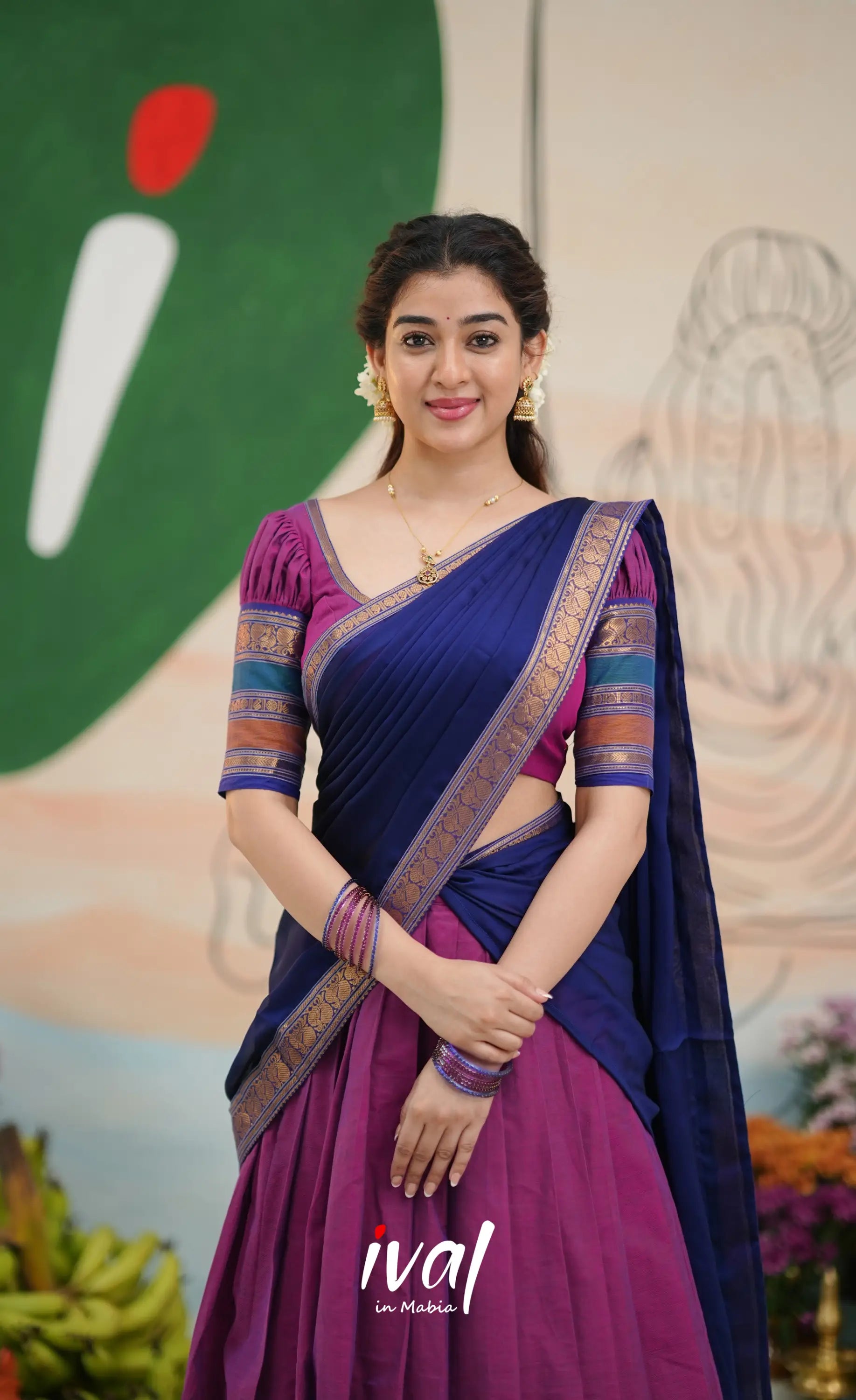 Padmaja Cotton Half Saree - Two-tone Magenta and Royal blue - Half Sarees