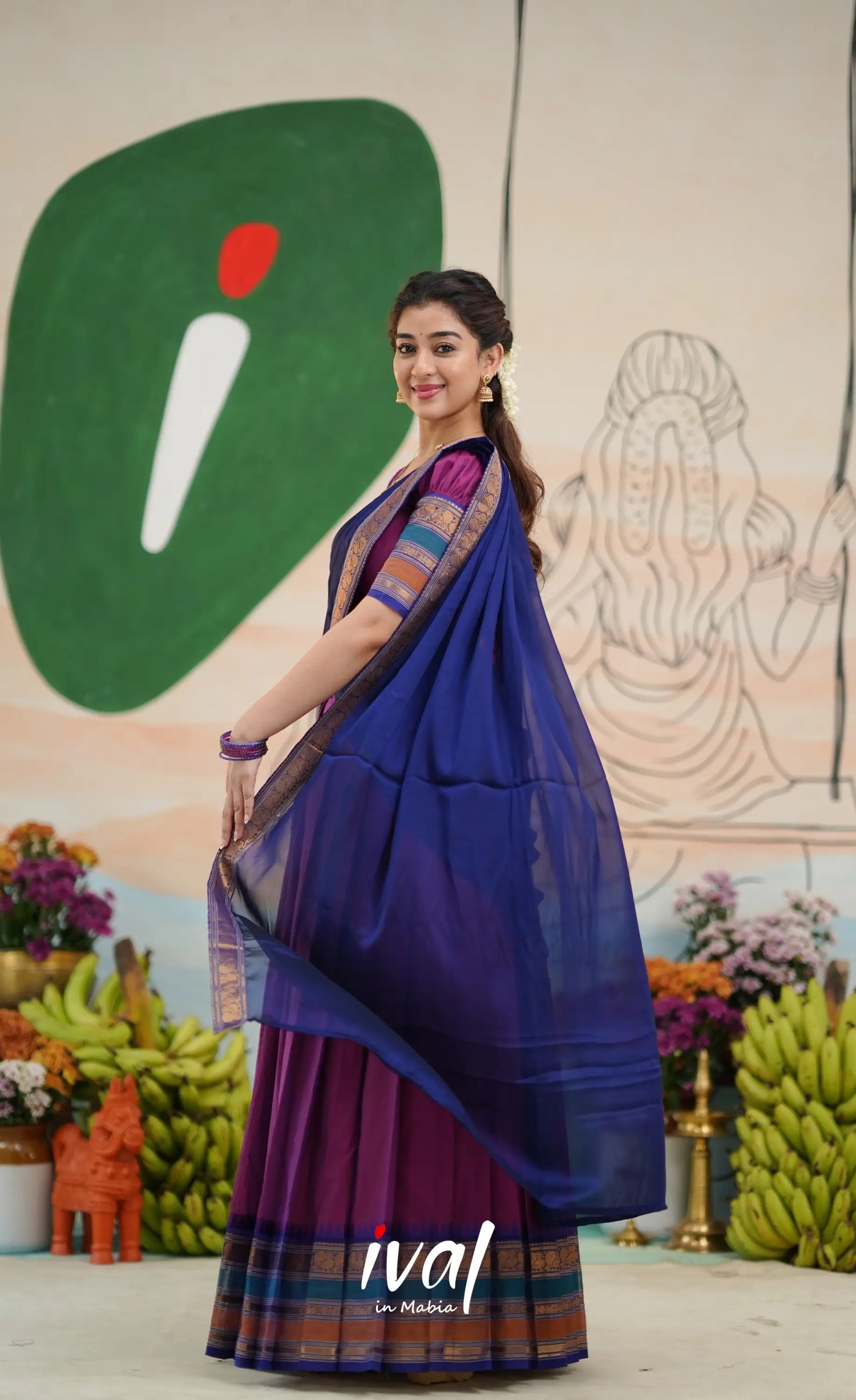 Padmaja Cotton Half Saree - Two-tone Magenta and Royal blue - Half Sarees