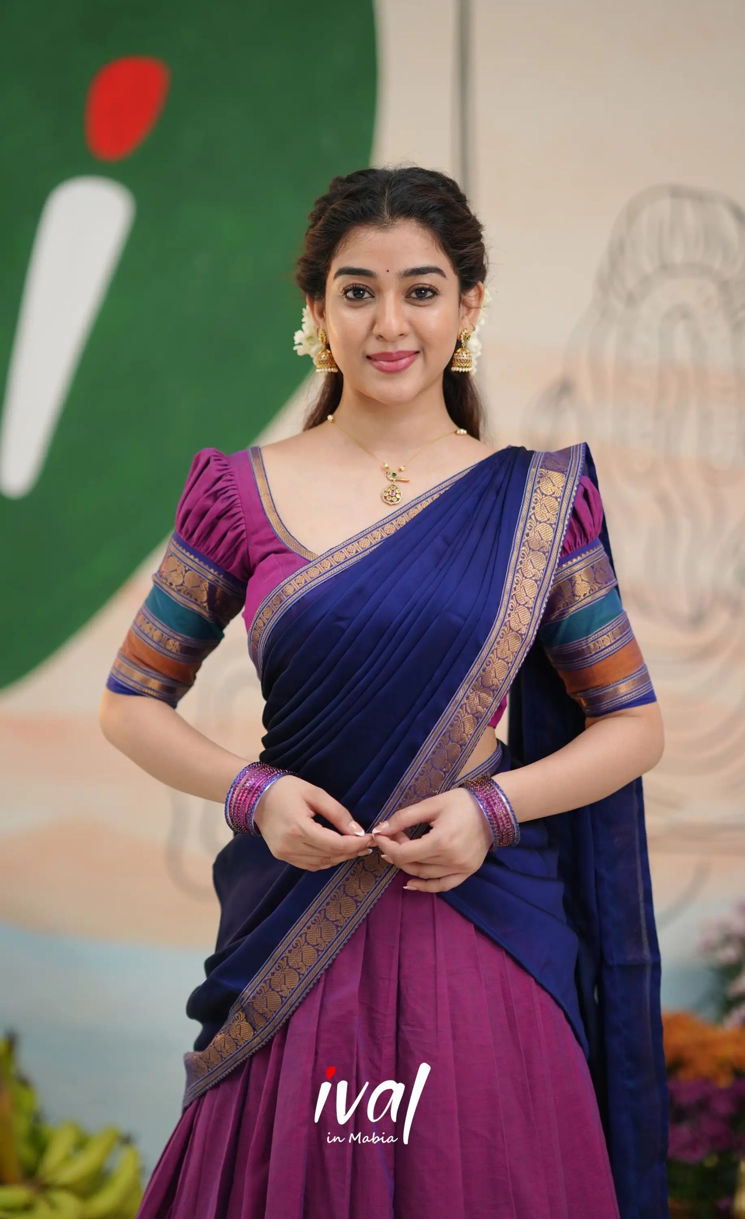 Padmaja Cotton Half Saree - Two-tone Magenta and Royal blue - Half Sarees