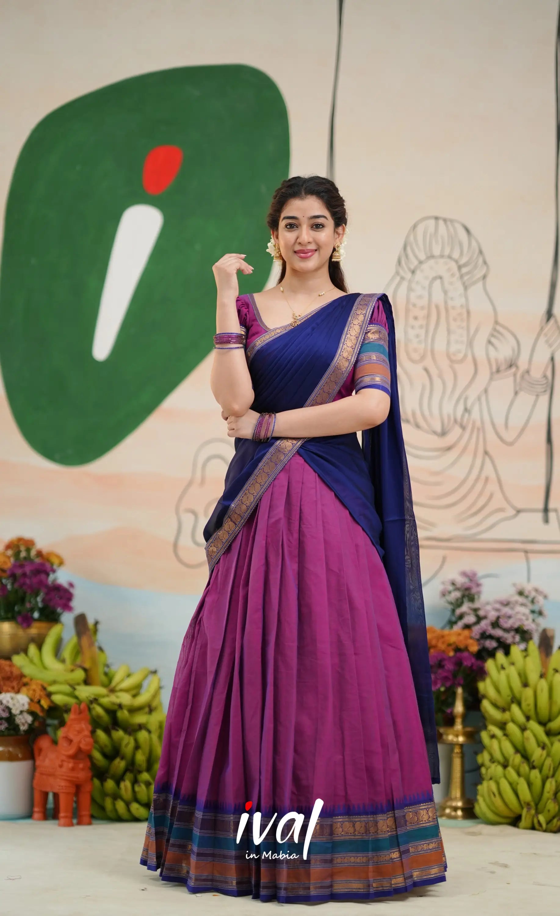 Padmaja Cotton Half Saree - Two-tone Magenta and Royal blue - Half Sarees