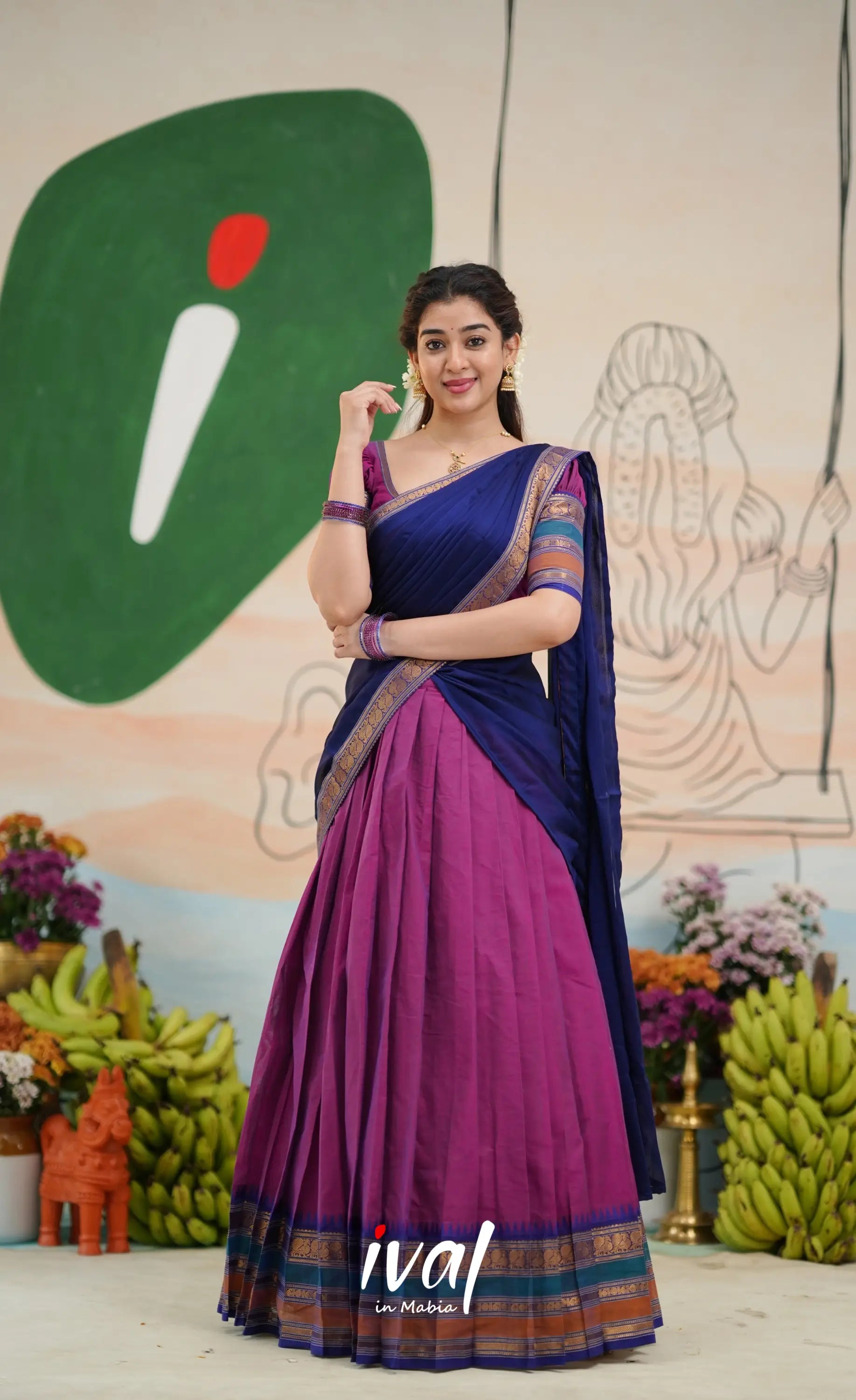 Padmaja Cotton Half Saree - Two-tone Magenta and Royal blue - Half Sarees