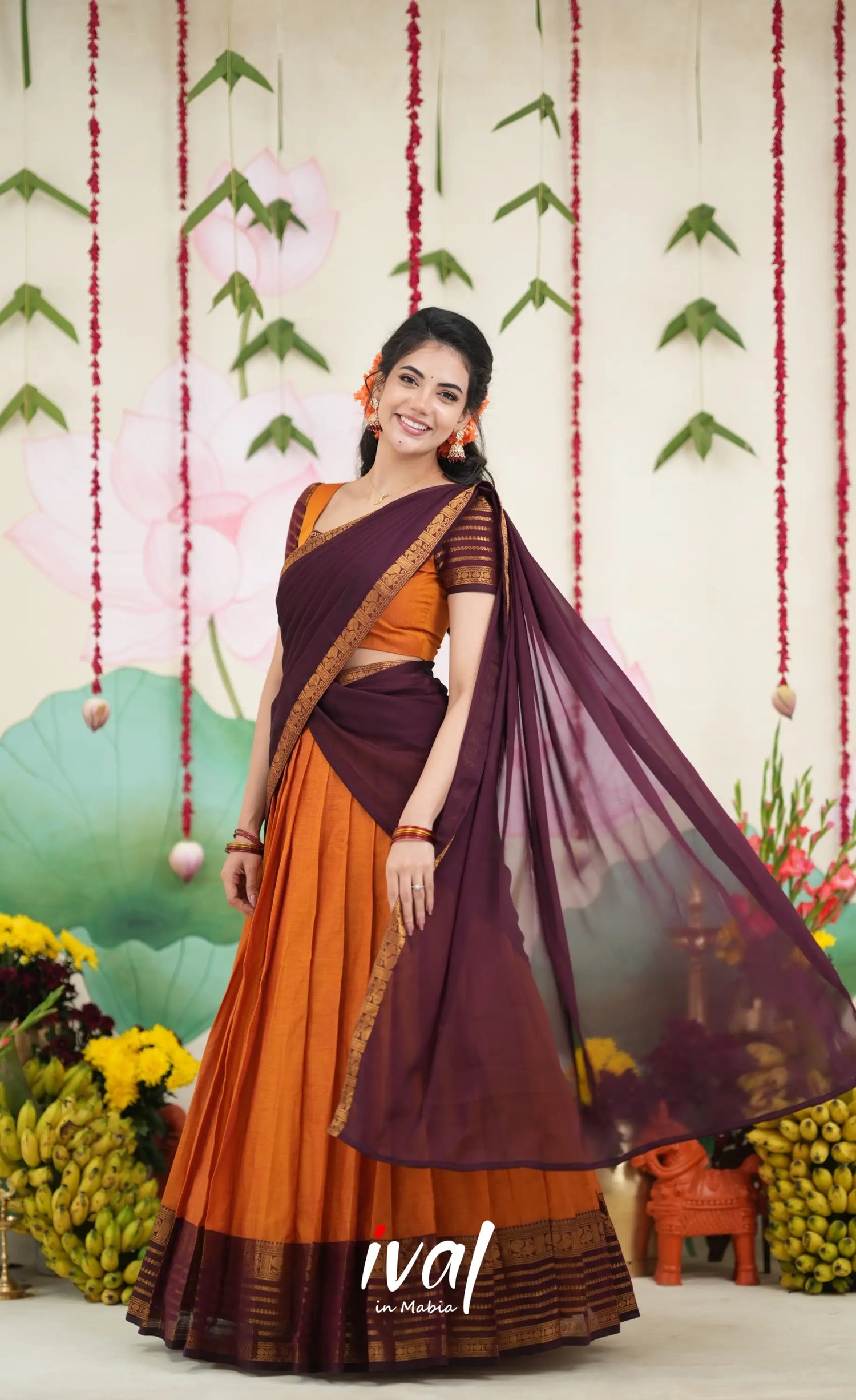 Padmaja Cotton Half Saree - Two tone Orange and Deep Wine Half Sarees