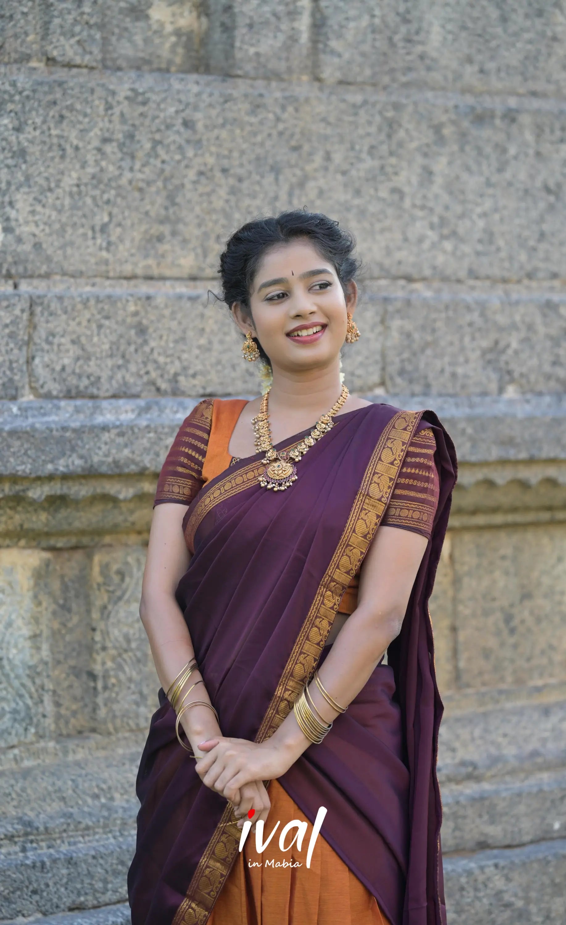 Padmaja Cotton Half Saree - Two tone Orange and Deep Wine - Half Sarees