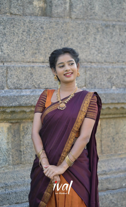 Padmaja Cotton Half Saree - Two tone Orange and Deep Wine - Half Sarees