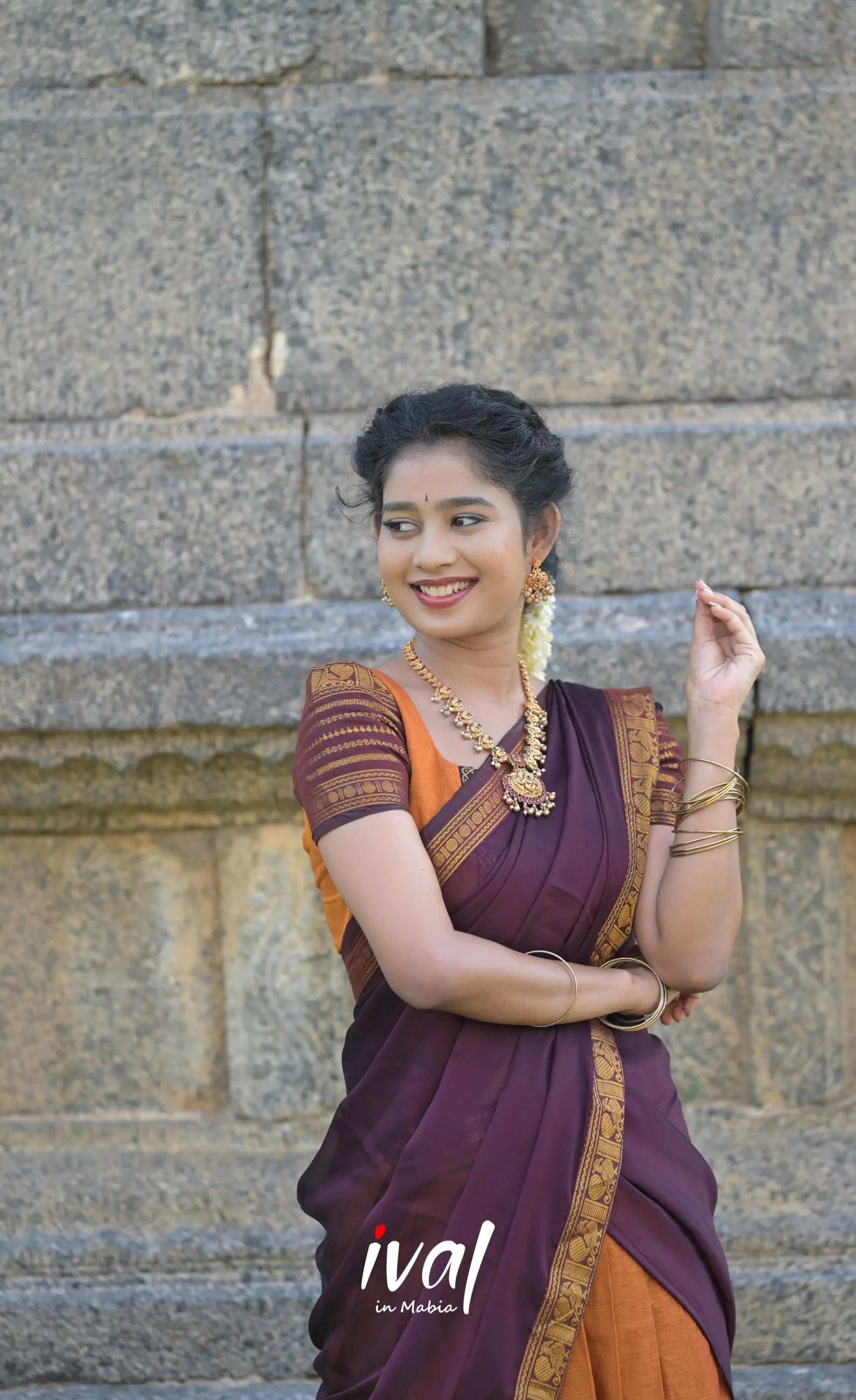 Padmaja Cotton Half Saree - Two tone Orange and Deep Wine - Half Sarees