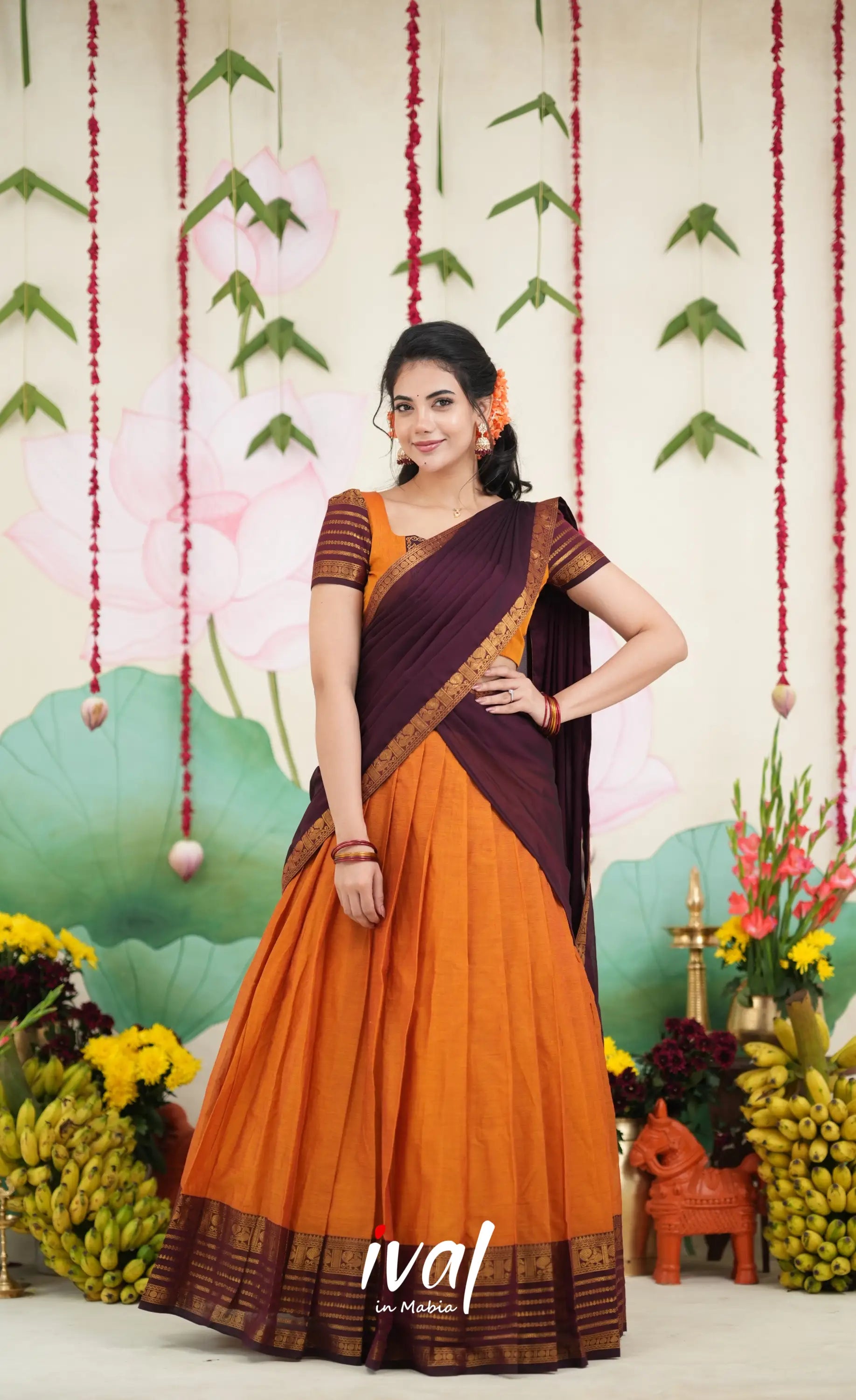 Padmaja Cotton Half Saree - Two tone Orange and Deep Wine Half Sarees