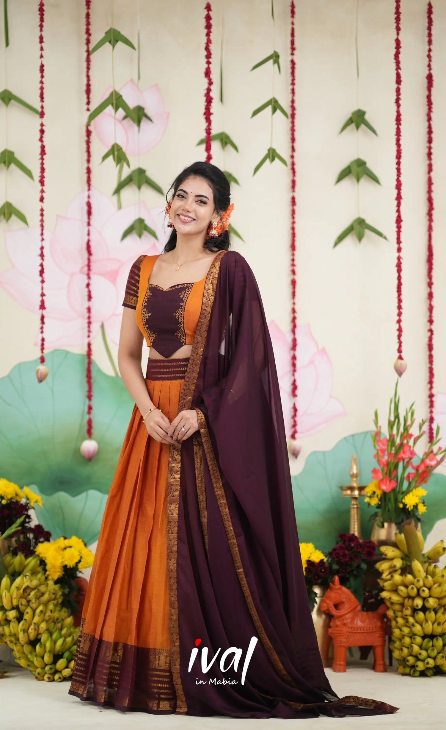 Padmaja Cotton Half Saree - Two tone Orange and Deep Wine Half Sarees