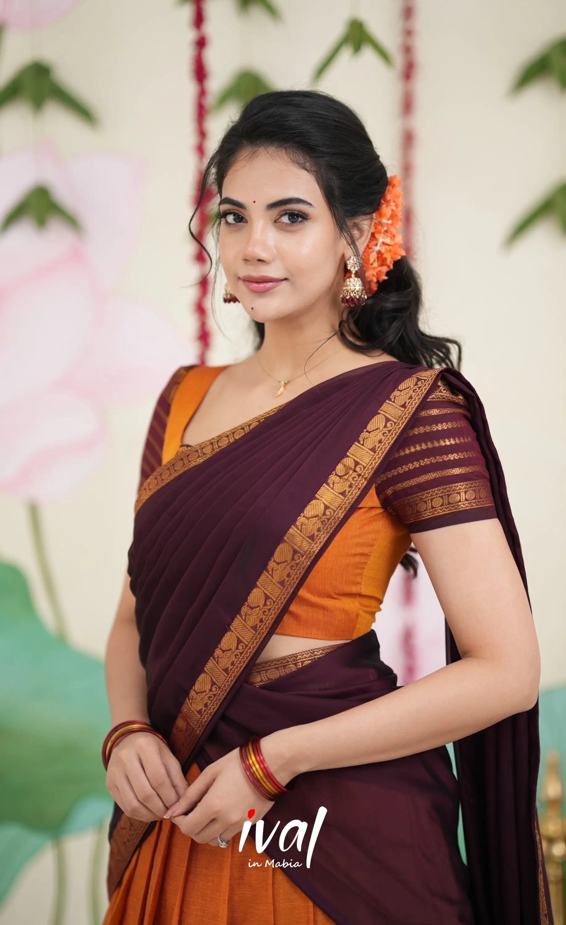 Padmaja Cotton Half Saree - Two tone Orange and Deep Wine Half Sarees