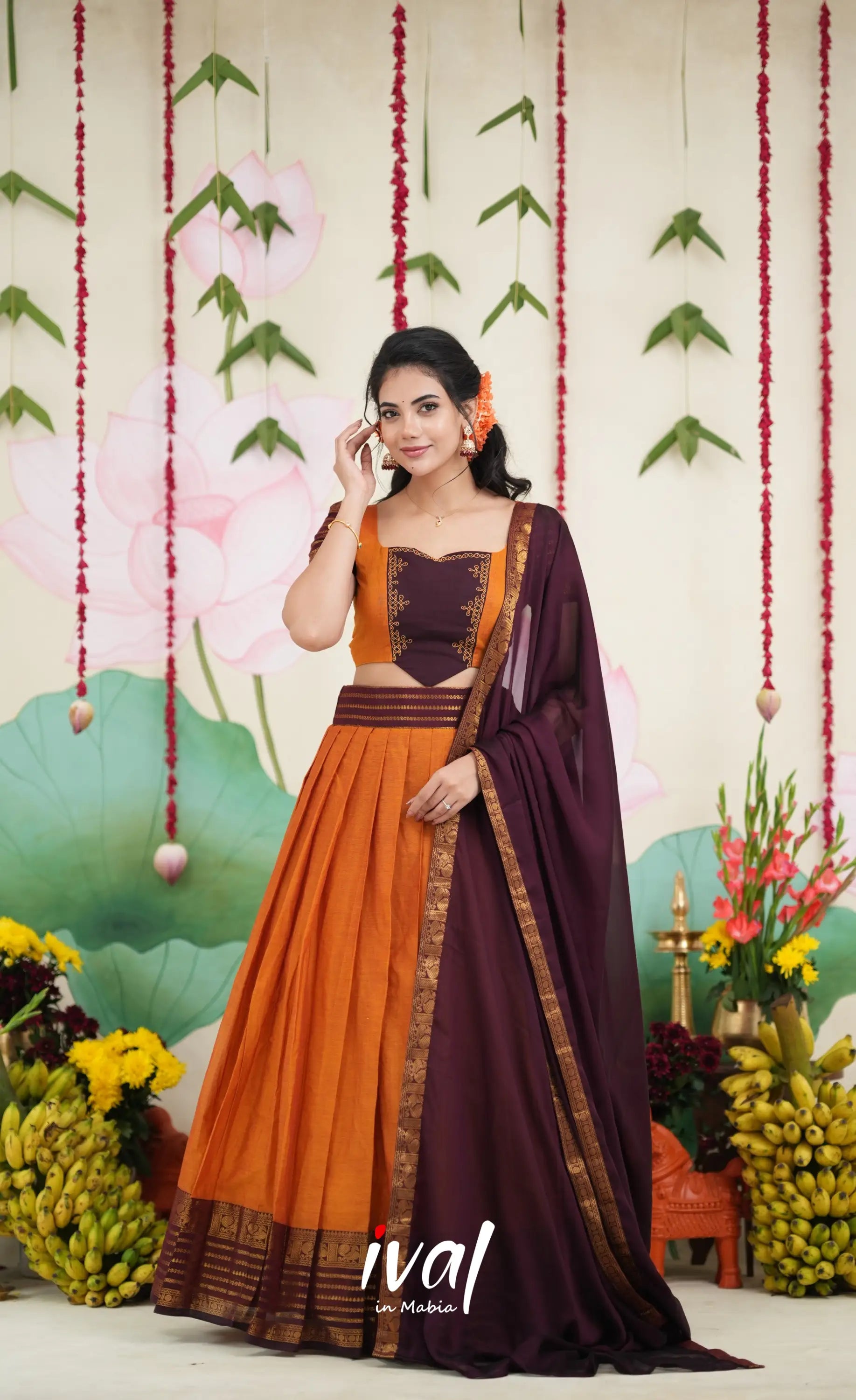 Padmaja Cotton Half Saree - Two tone Orange and Deep Wine Half Sarees