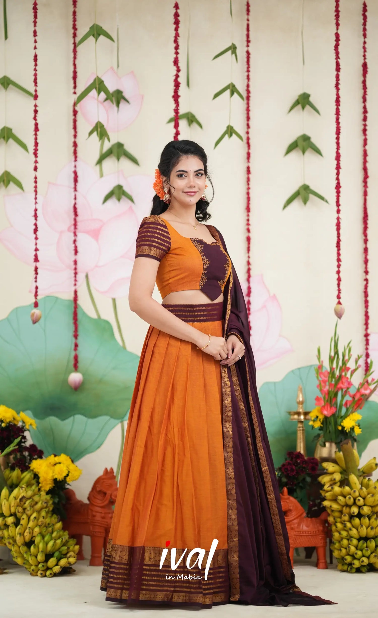 Padmaja Cotton Half Saree - Two tone Orange and Deep Wine Half Sarees