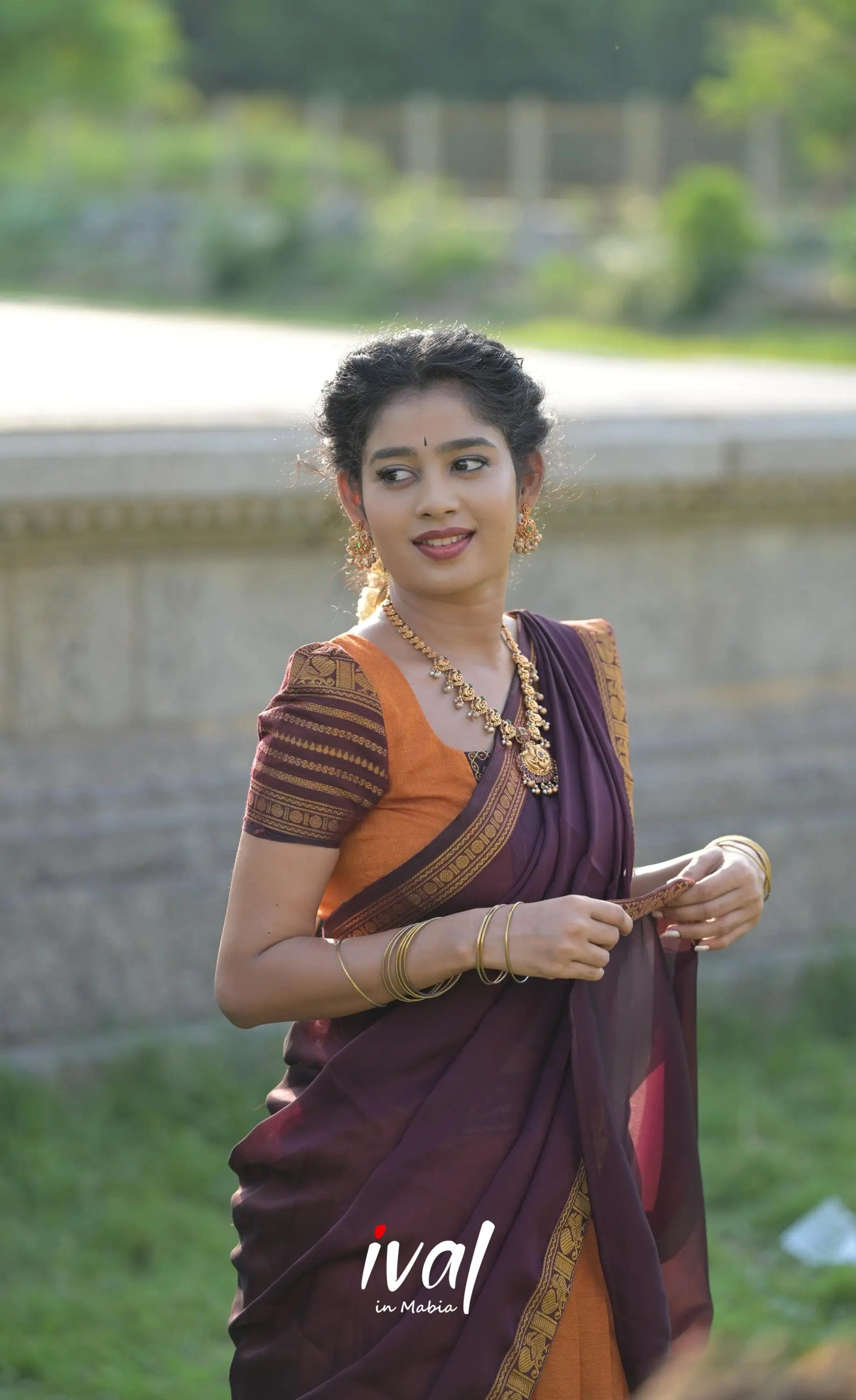 Padmaja Cotton Half Saree - Two tone Orange and Deep Wine - Half Sarees