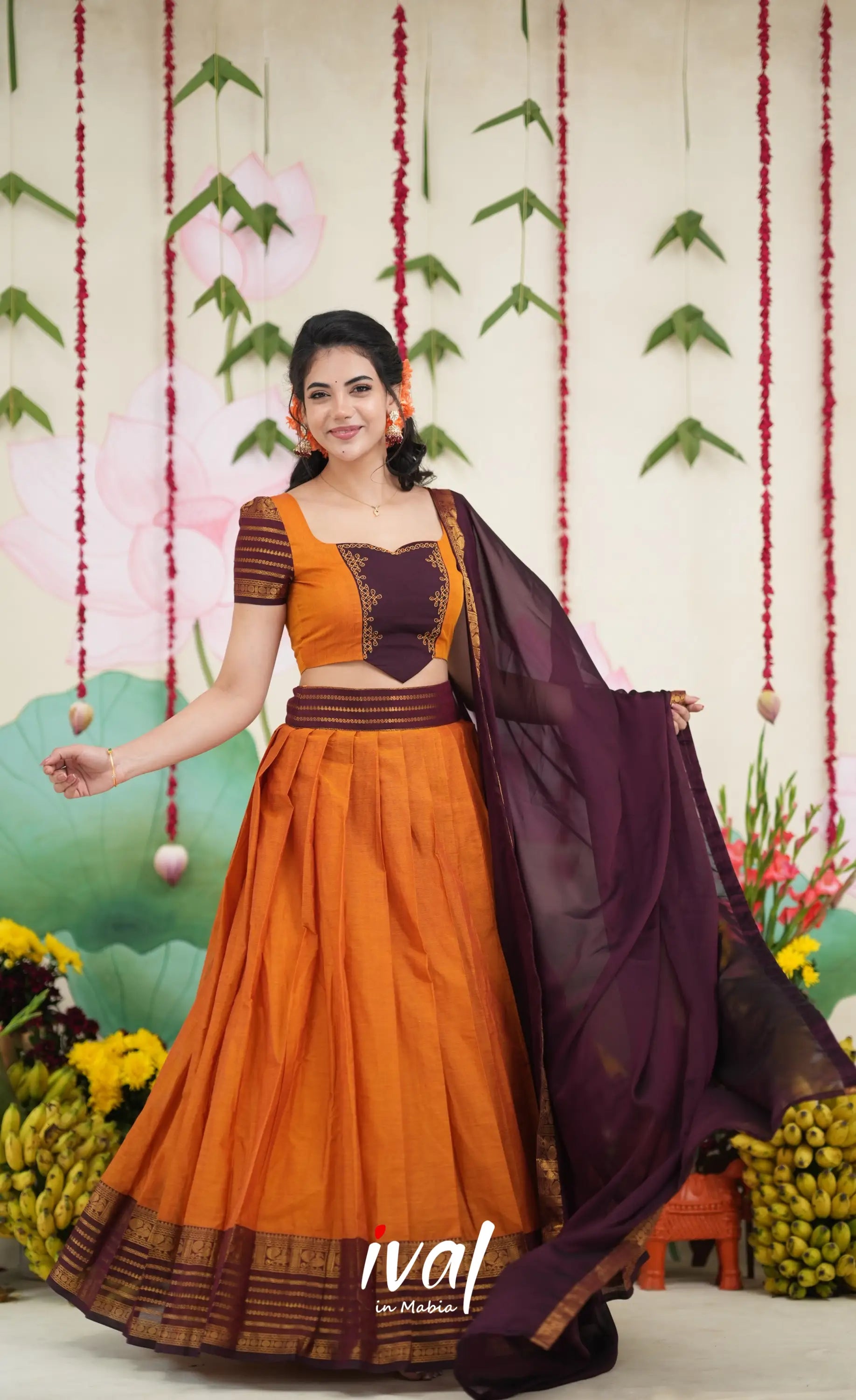 Padmaja Cotton Half Saree - Two tone Orange and Deep Wine Half Sarees