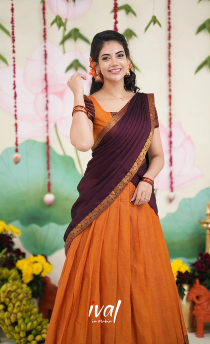 Padmaja Cotton Half Saree - Two tone Orange and Deep Wine Half Sarees