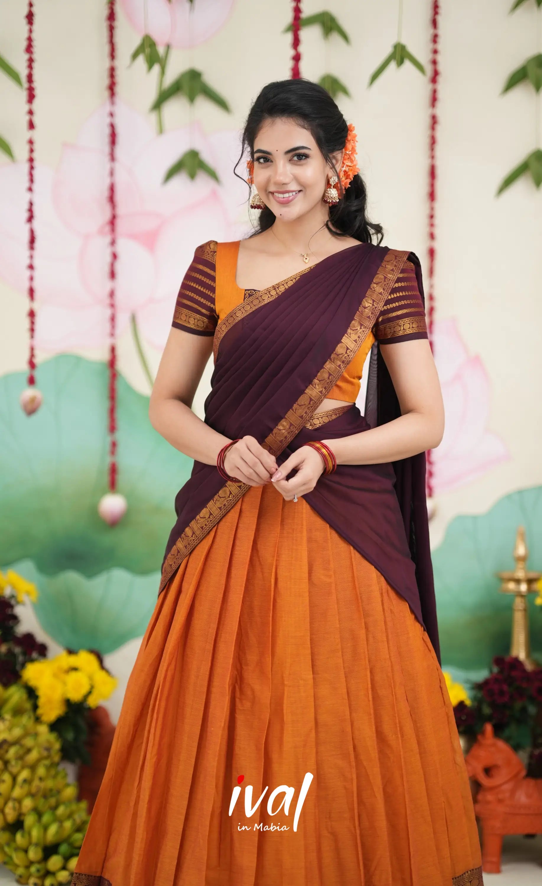 Padmaja Cotton Half Saree - Two tone Orange and Deep Wine Half Sarees