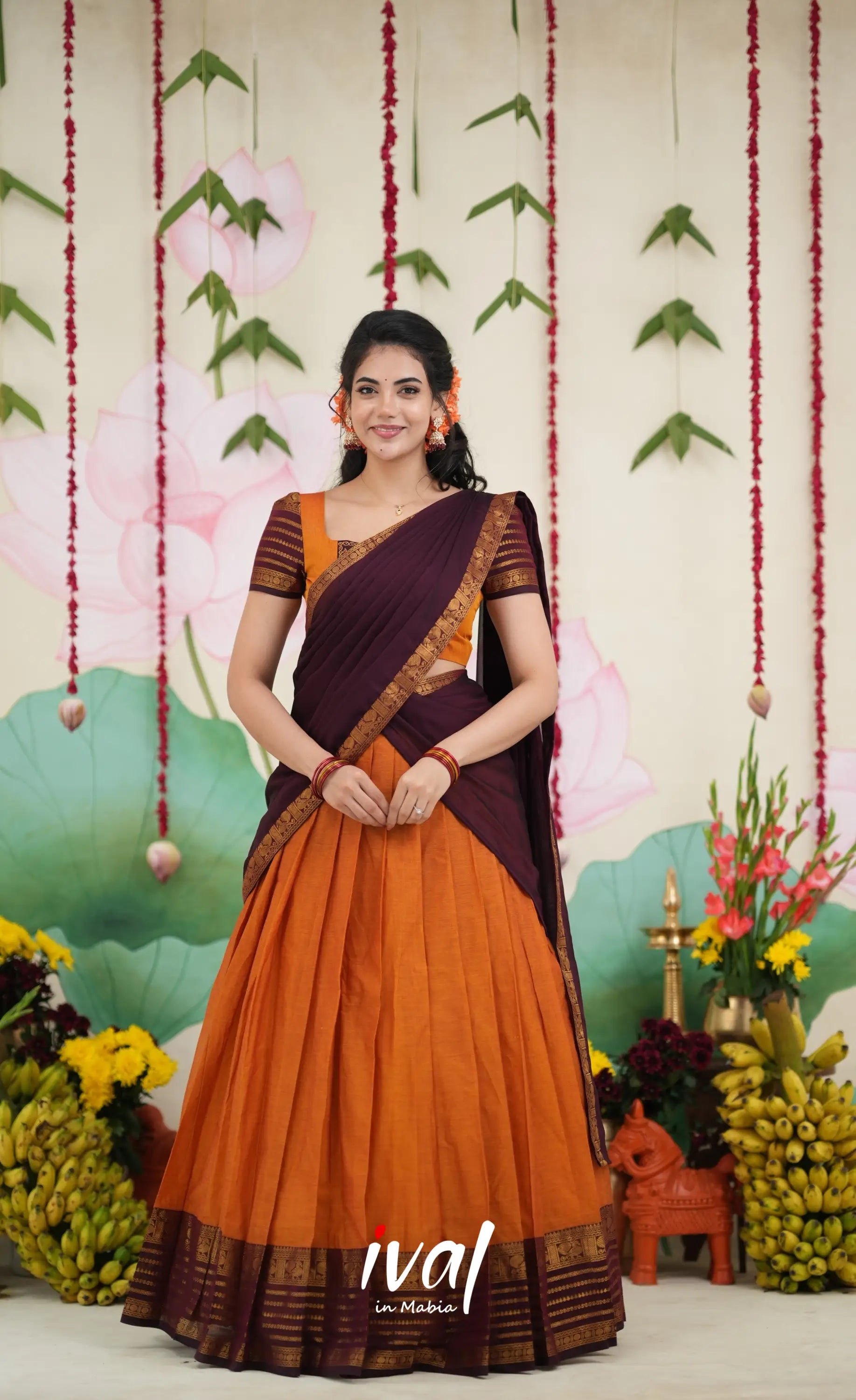 Padmaja Cotton Half Saree - Two tone Orange and Deep Wine Half Sarees