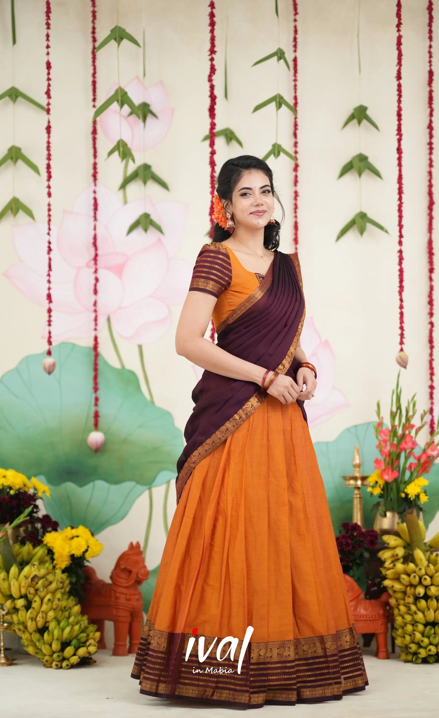 Padmaja Cotton Half Saree - Two tone Orange and Deep Wine Half Sarees