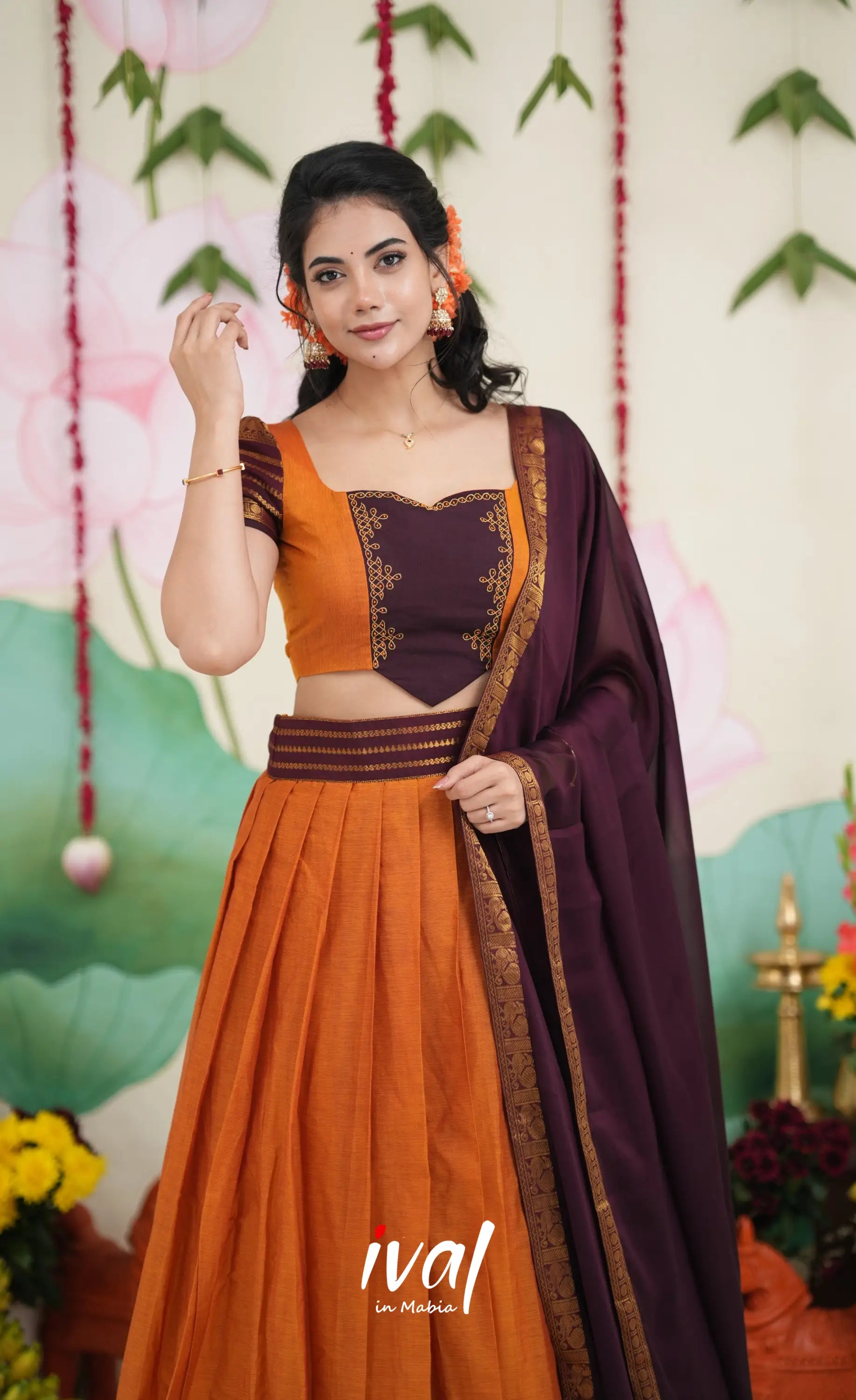 Padmaja Cotton Half Saree - Two tone Orange and Deep Wine Half Sarees