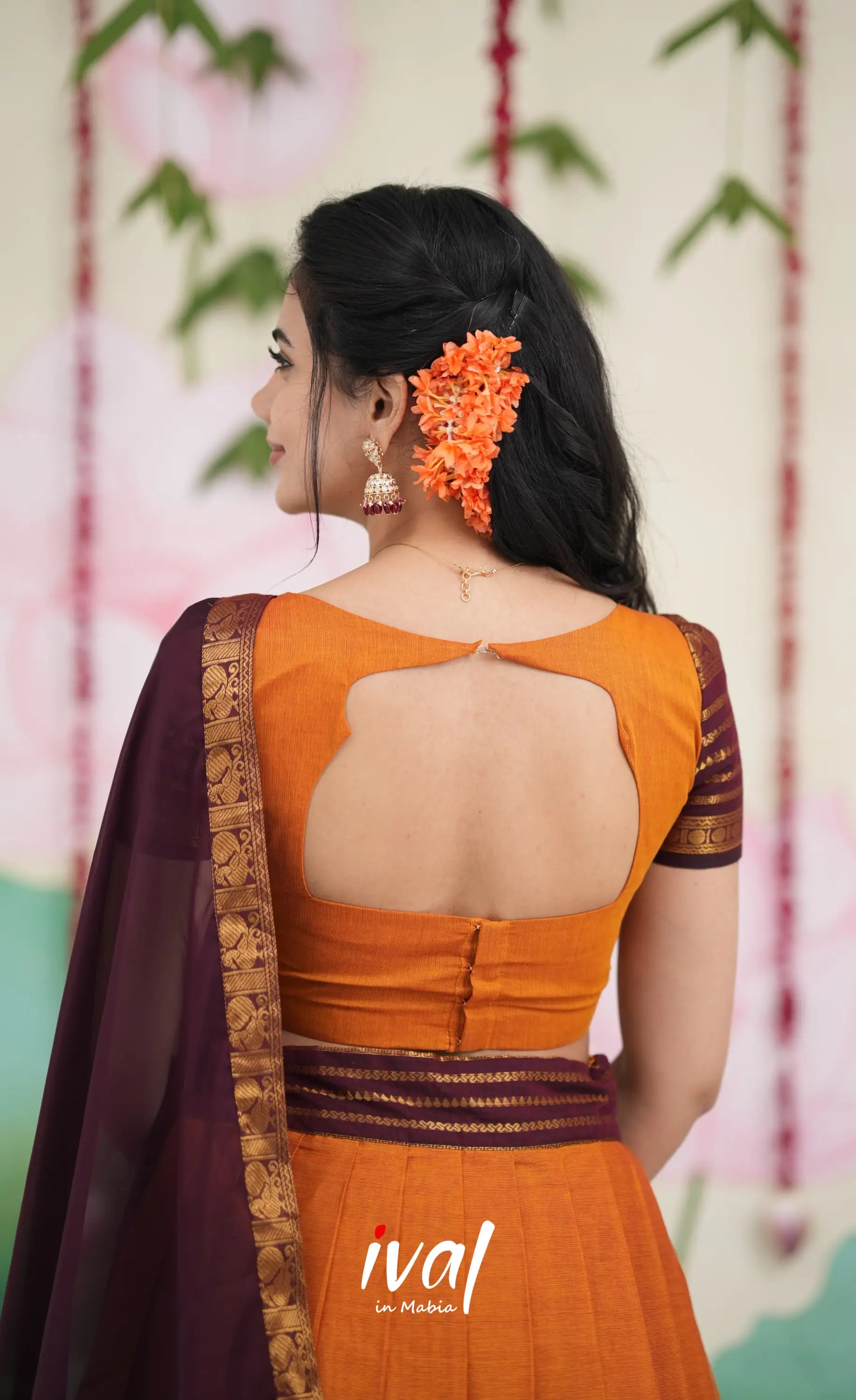 Padmaja Cotton Half Saree - Two tone Orange and Deep Wine Half Sarees