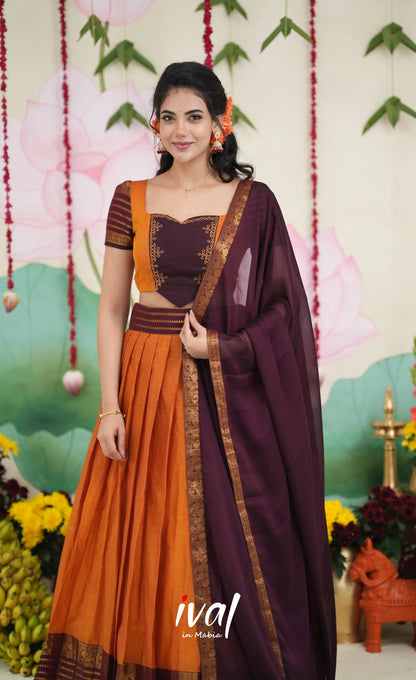 Padmaja Cotton Half Saree - Two tone Orange and Deep Wine Half Sarees