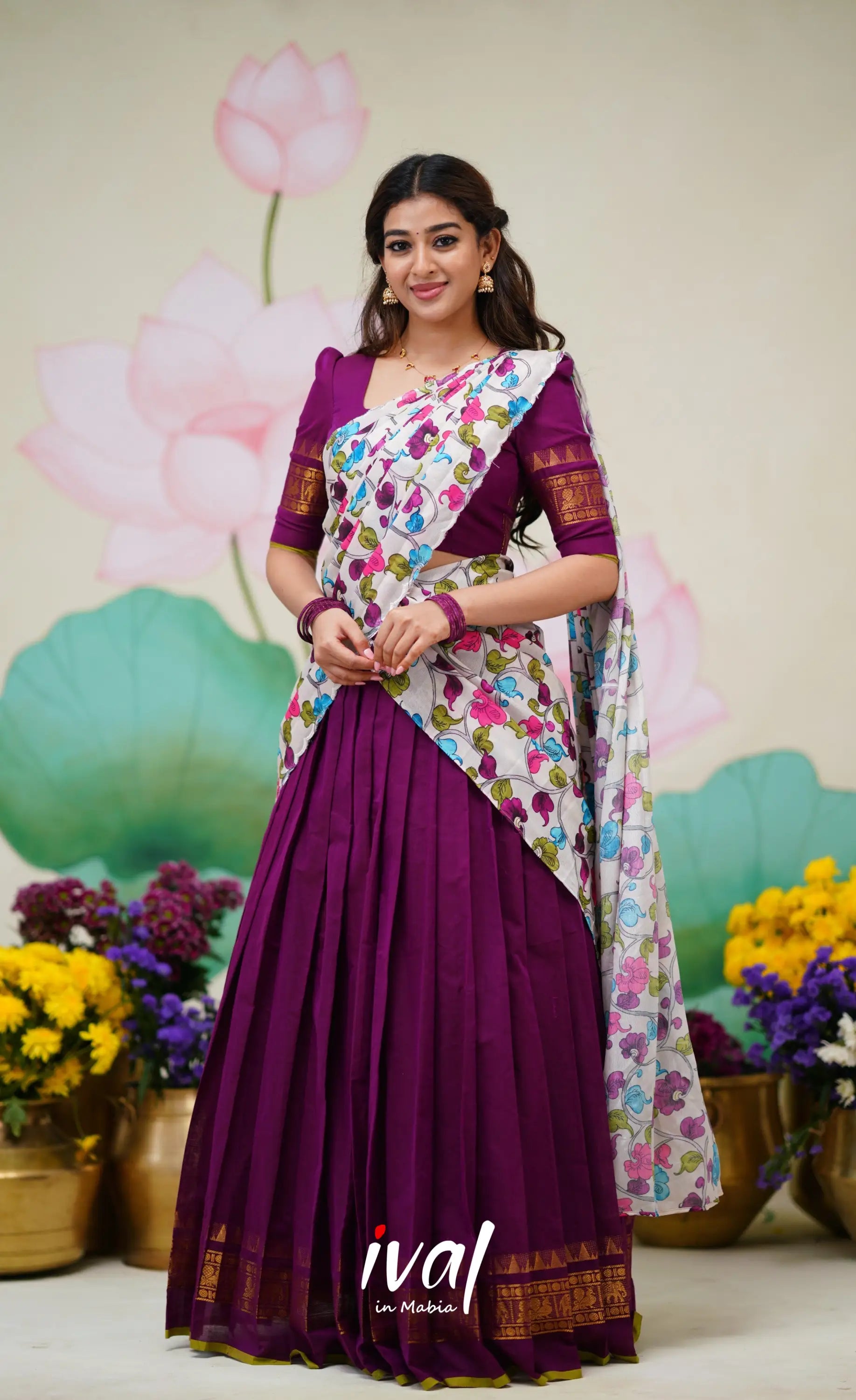 Padmaja Cotton Half Saree Violet and Offwhite Half Sarees