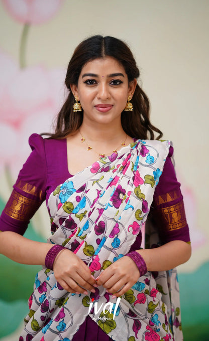 Padmaja Cotton Half Saree Violet and Offwhite Half Sarees