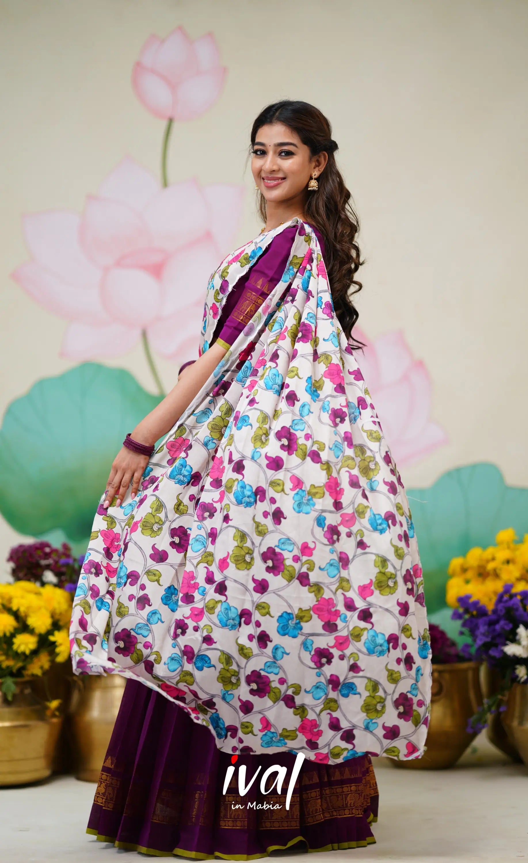 Padmaja Cotton Half Saree Violet and Offwhite Half Sarees