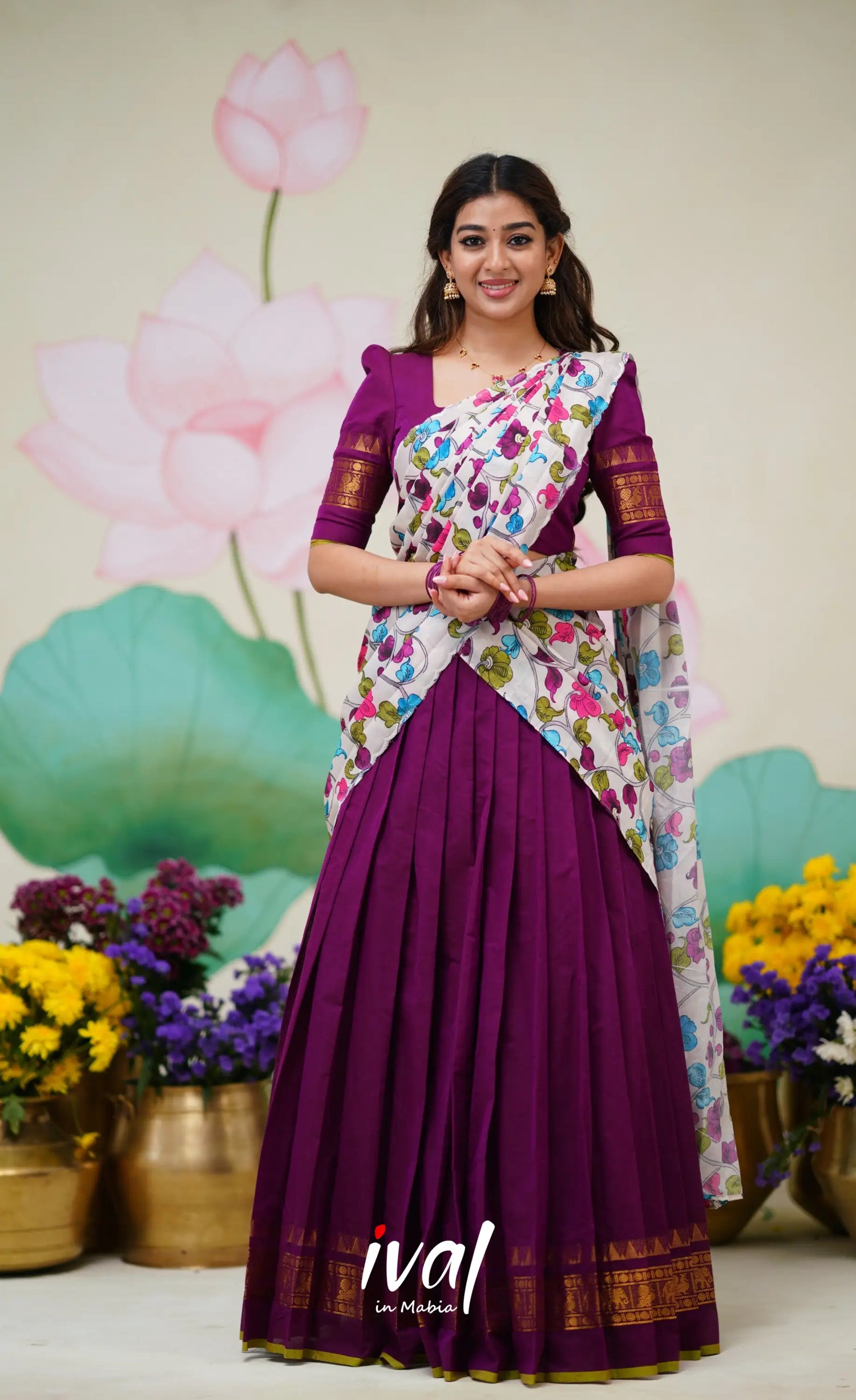 Padmaja Cotton Half Saree Violet and Offwhite Half Sarees