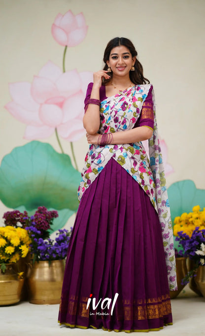 Padmaja Cotton Half Saree Violet and Offwhite Half Sarees