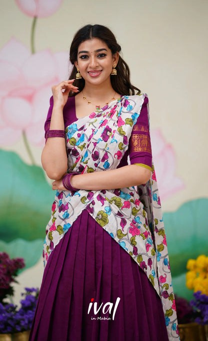 Padmaja Cotton Half Saree Violet and Offwhite Half Sarees