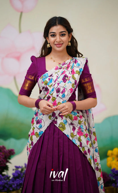 Padmaja Cotton Half Saree Violet and Offwhite Half Sarees