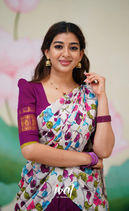 Padmaja Cotton Half Saree Violet and Offwhite Half Sarees
