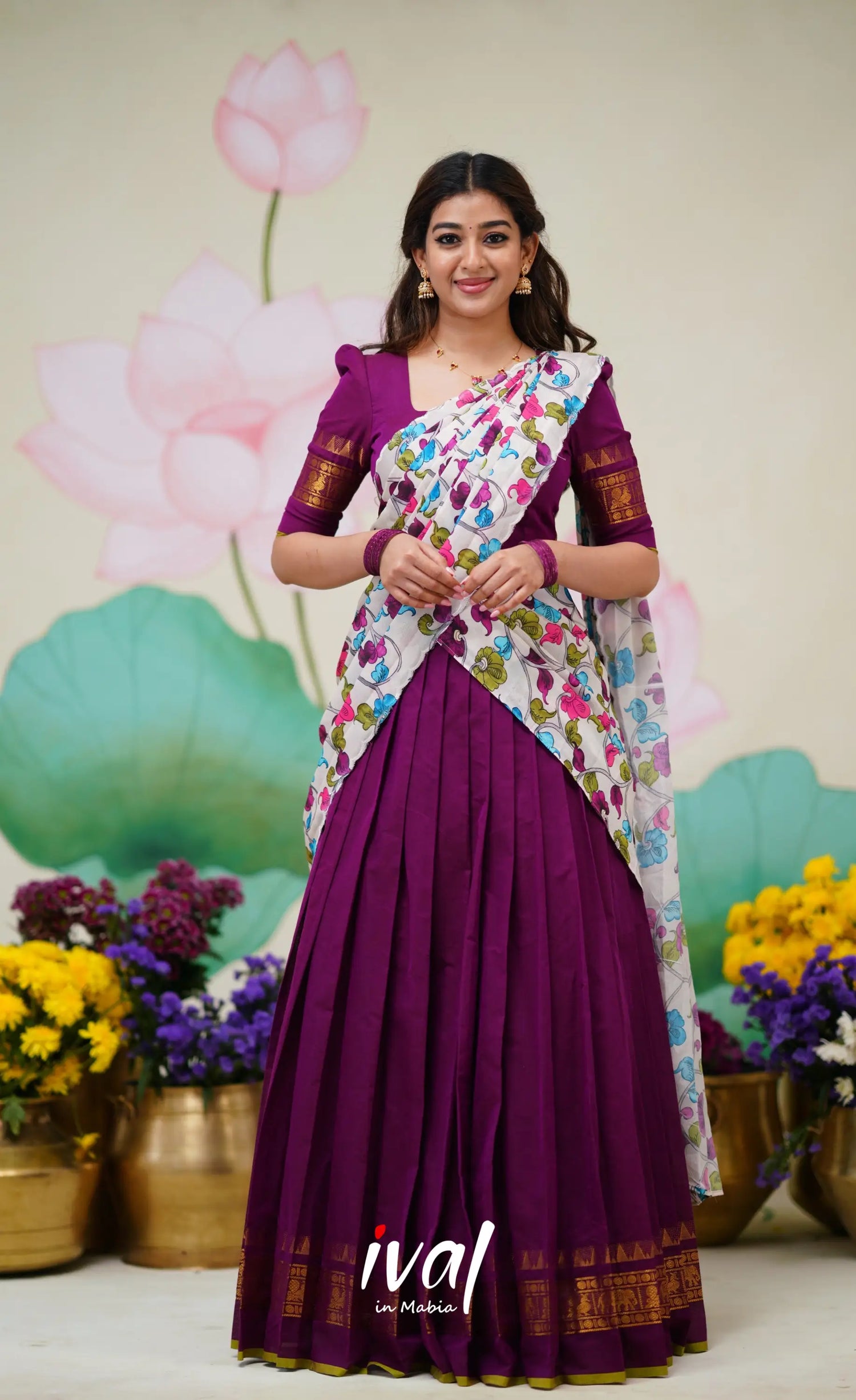 Padmaja Cotton Half Saree Violet and Offwhite Half Sarees
