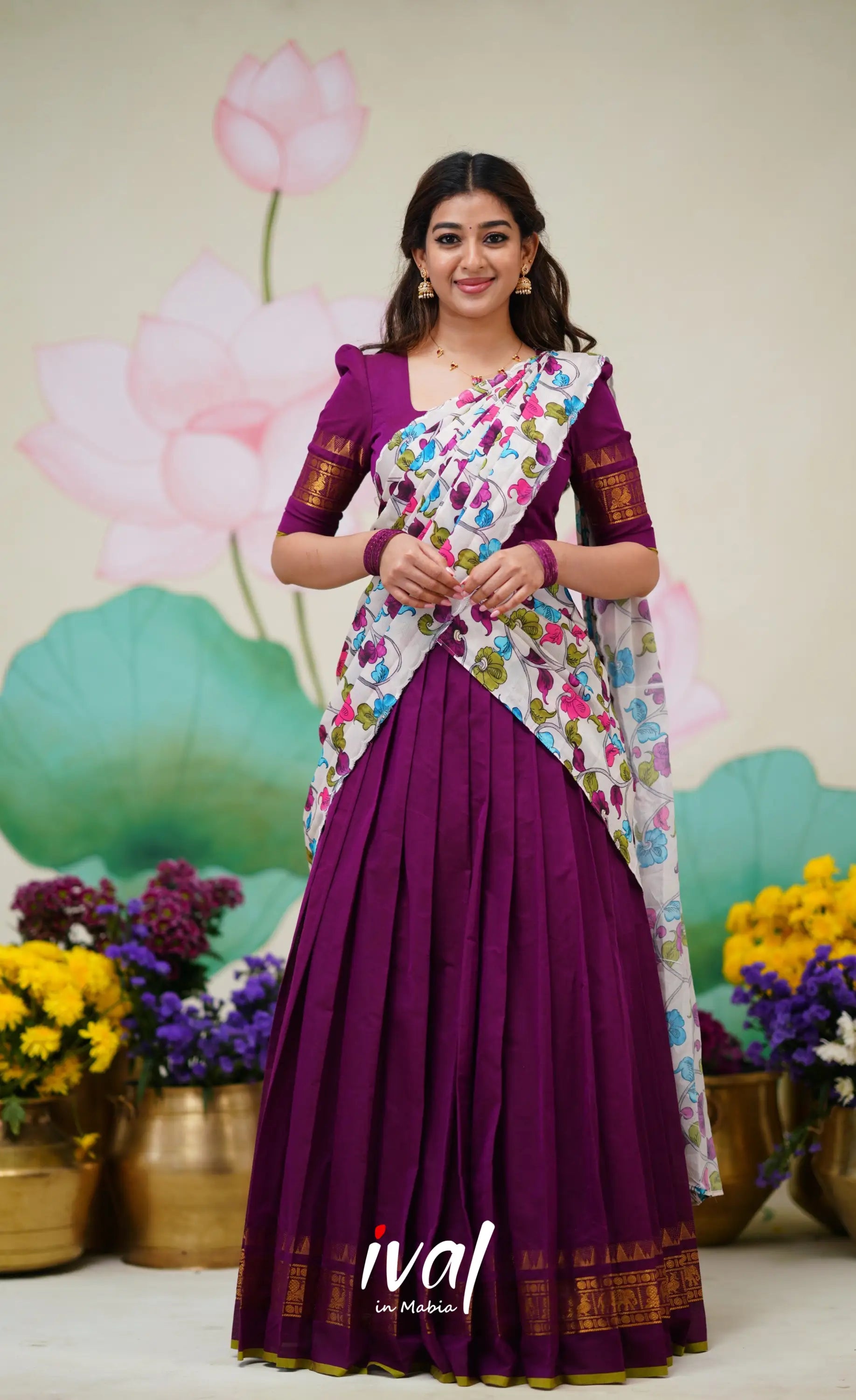 Padmaja Cotton Half Saree Violet and Offwhite Half Sarees