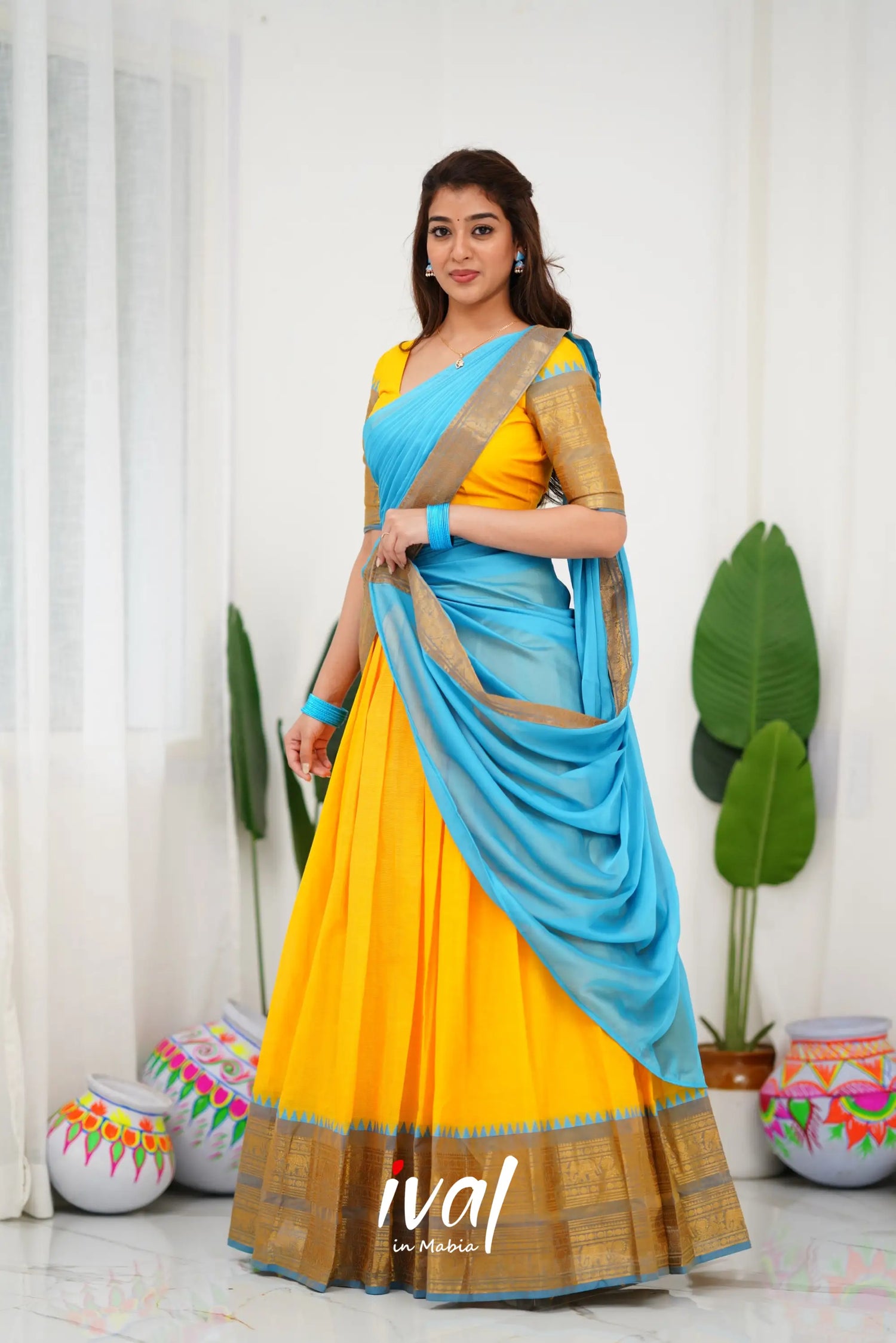 Padmaja Cotton Half Saree - Yellow And Sky Blue Sarees