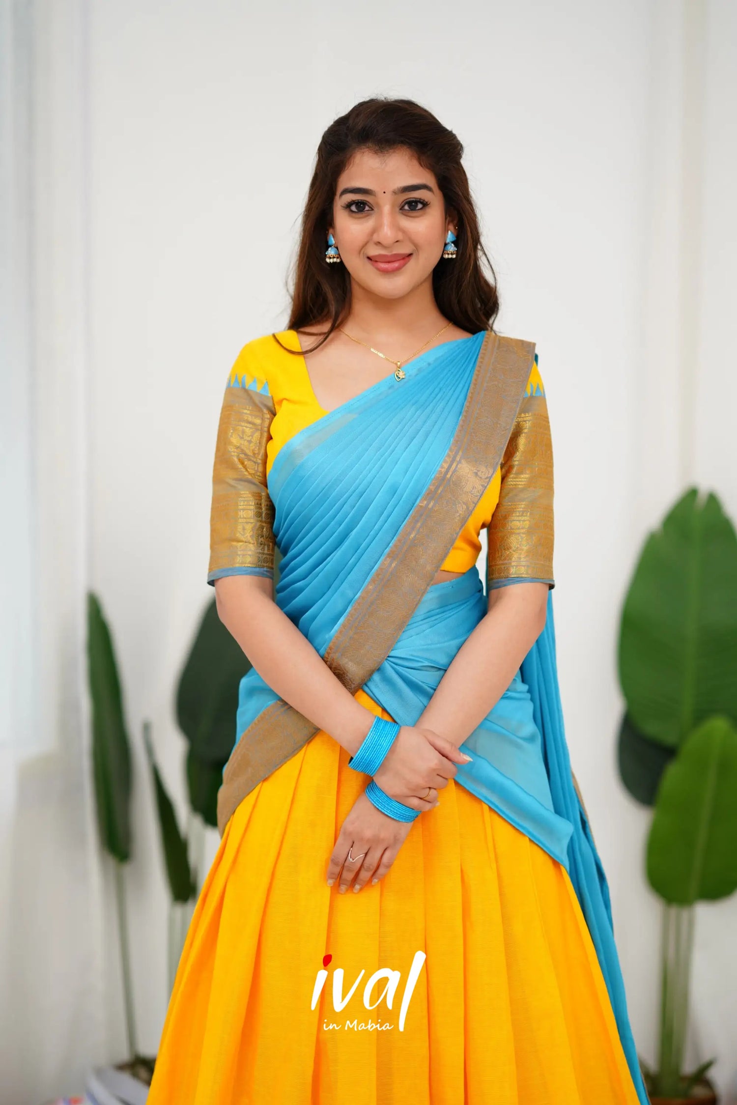 Padmaja Cotton Half Saree - Yellow And Sky Blue Sarees