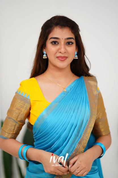 Padmaja Cotton Half Saree - Yellow And Sky Blue Sarees