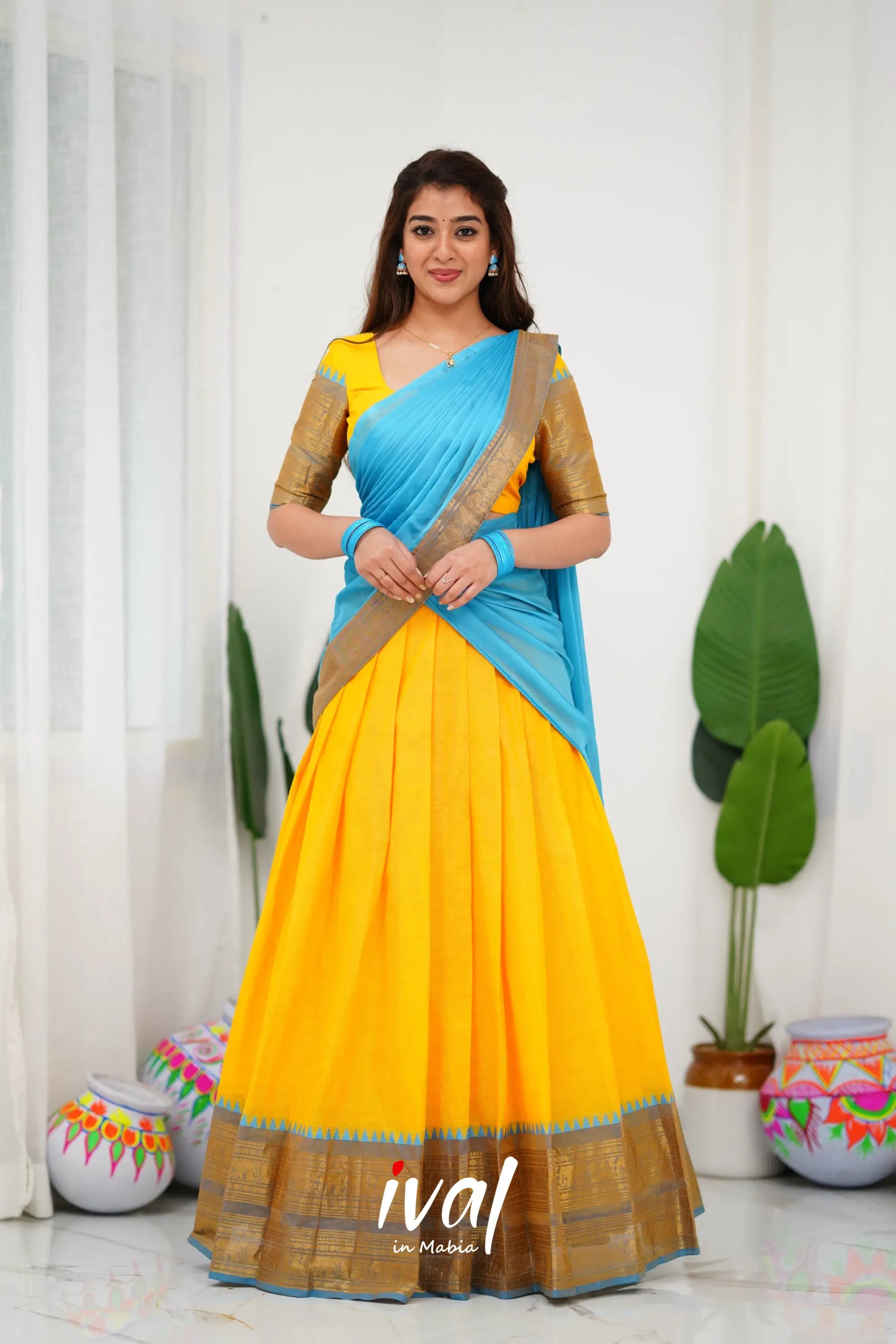 Padmaja Cotton Half Saree - Yellow And Sky Blue Sarees