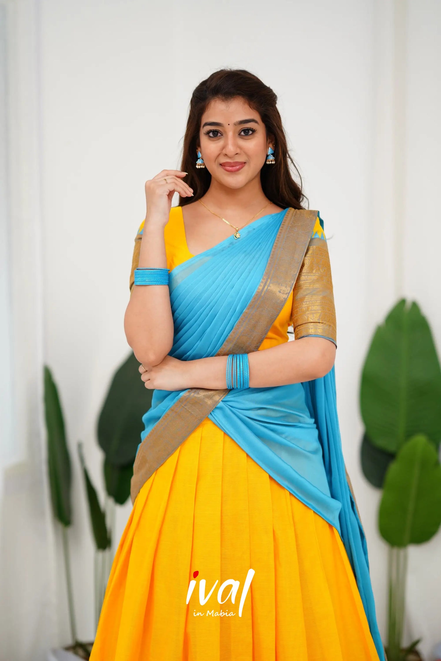 Padmaja Cotton Half Saree - Yellow And Sky Blue Sarees