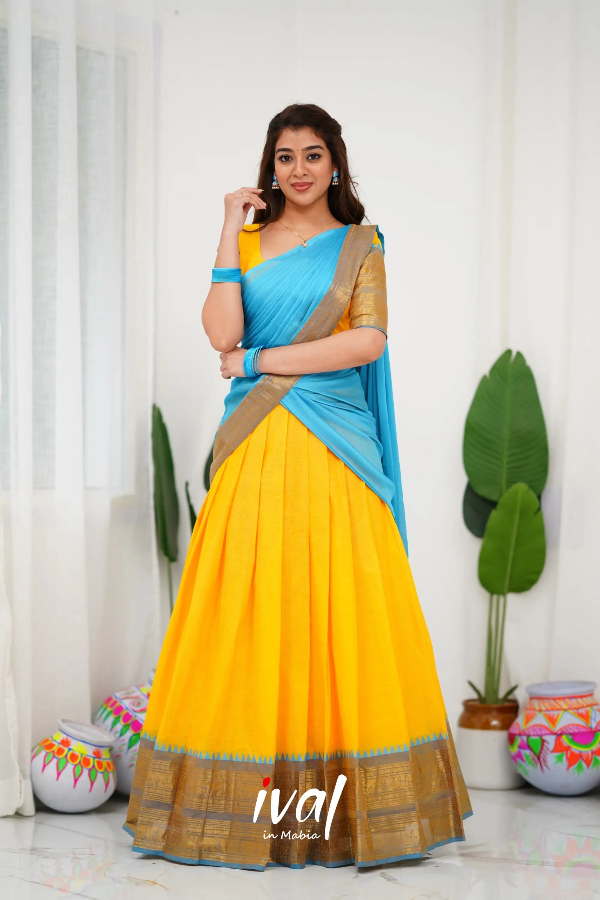 Padmaja Cotton Half Saree - Yellow And Sky Blue Sarees