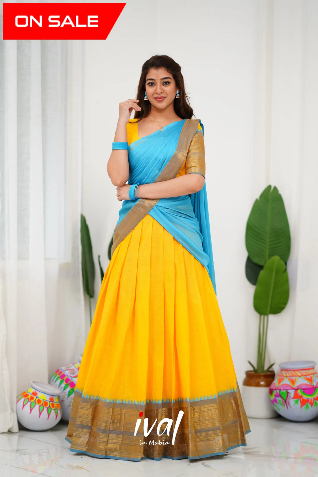 Padmaja Cotton Half Saree - Yellow And Sky Blue Sarees