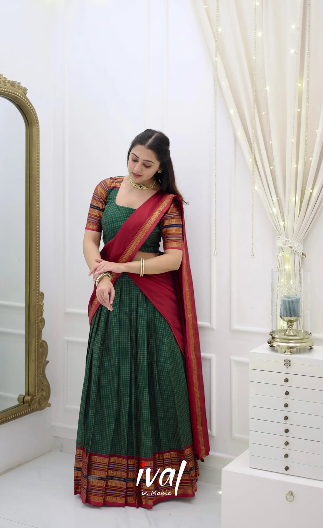 Padmaja Cotton Halfsaree - Bottle Green and Dark Pink Half Sarees