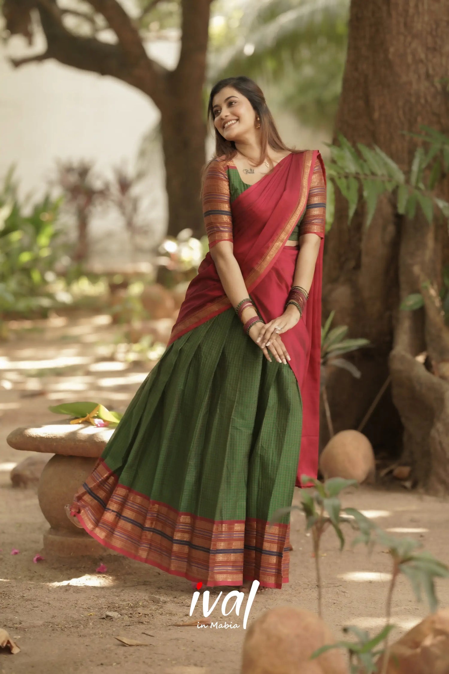 Padmaja Cotton Halfsaree - Bottle Green And Dark Pink Half Sarees