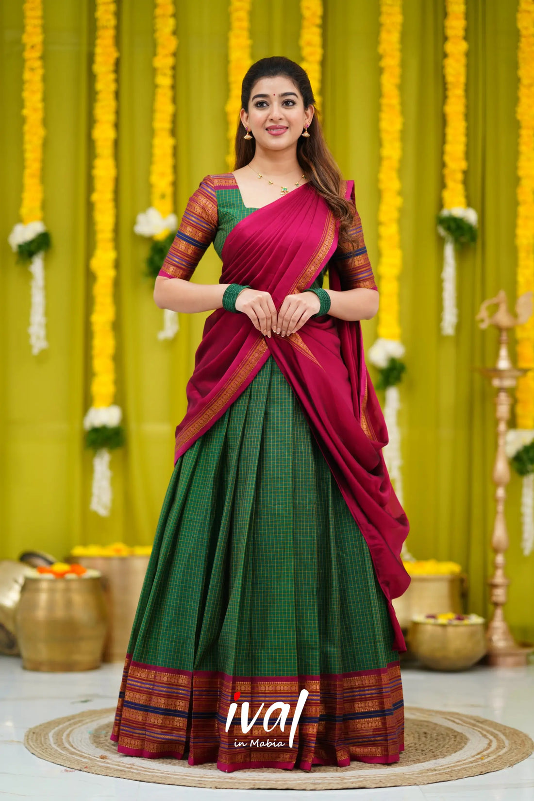 Padmaja Cotton Halfsaree - Bottle Green And Dark Pink Half Sarees
