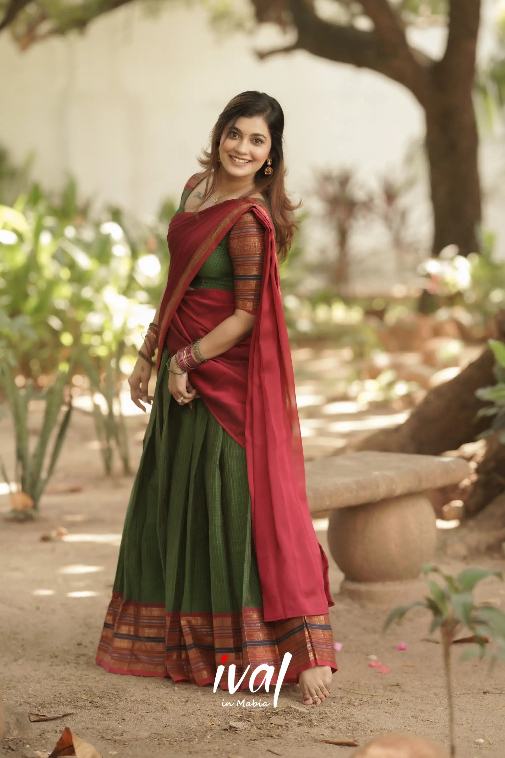 Padmaja Cotton Halfsaree - Bottle Green And Dark Pink Half Sarees