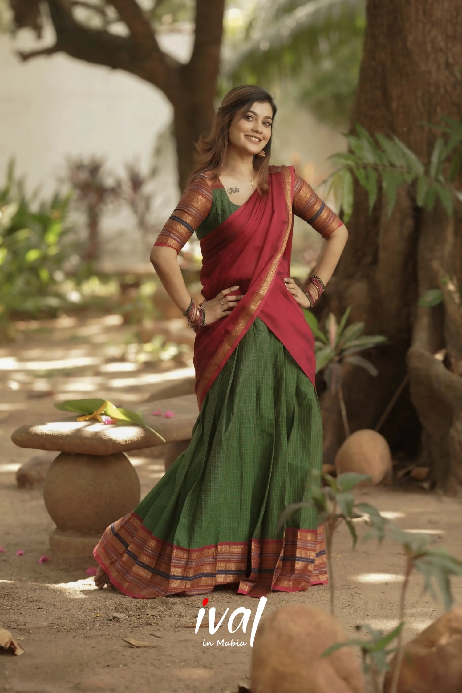 Padmaja Cotton Halfsaree - Bottle Green And Dark Pink Half Sarees