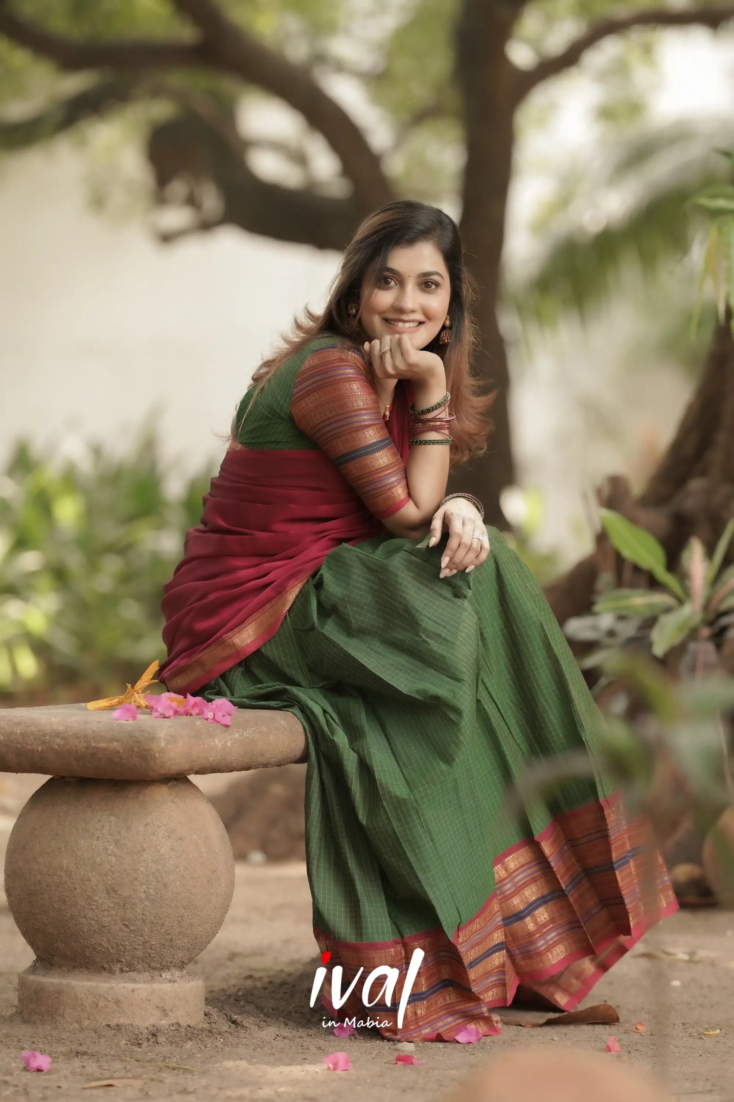 Padmaja Cotton Halfsaree - Bottle Green And Dark Pink Half Sarees