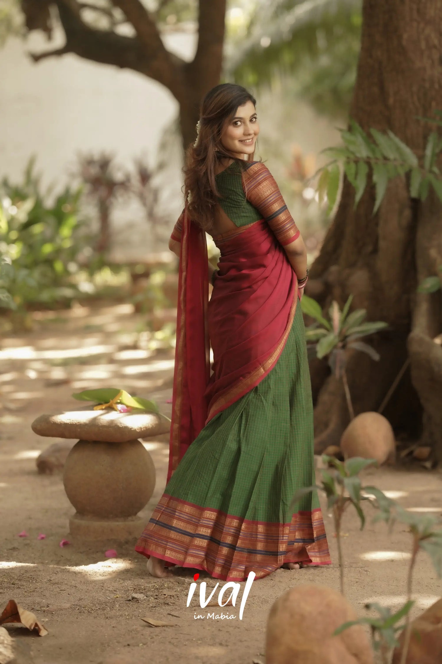 Padmaja Cotton Halfsaree - Bottle Green And Dark Pink Half Sarees