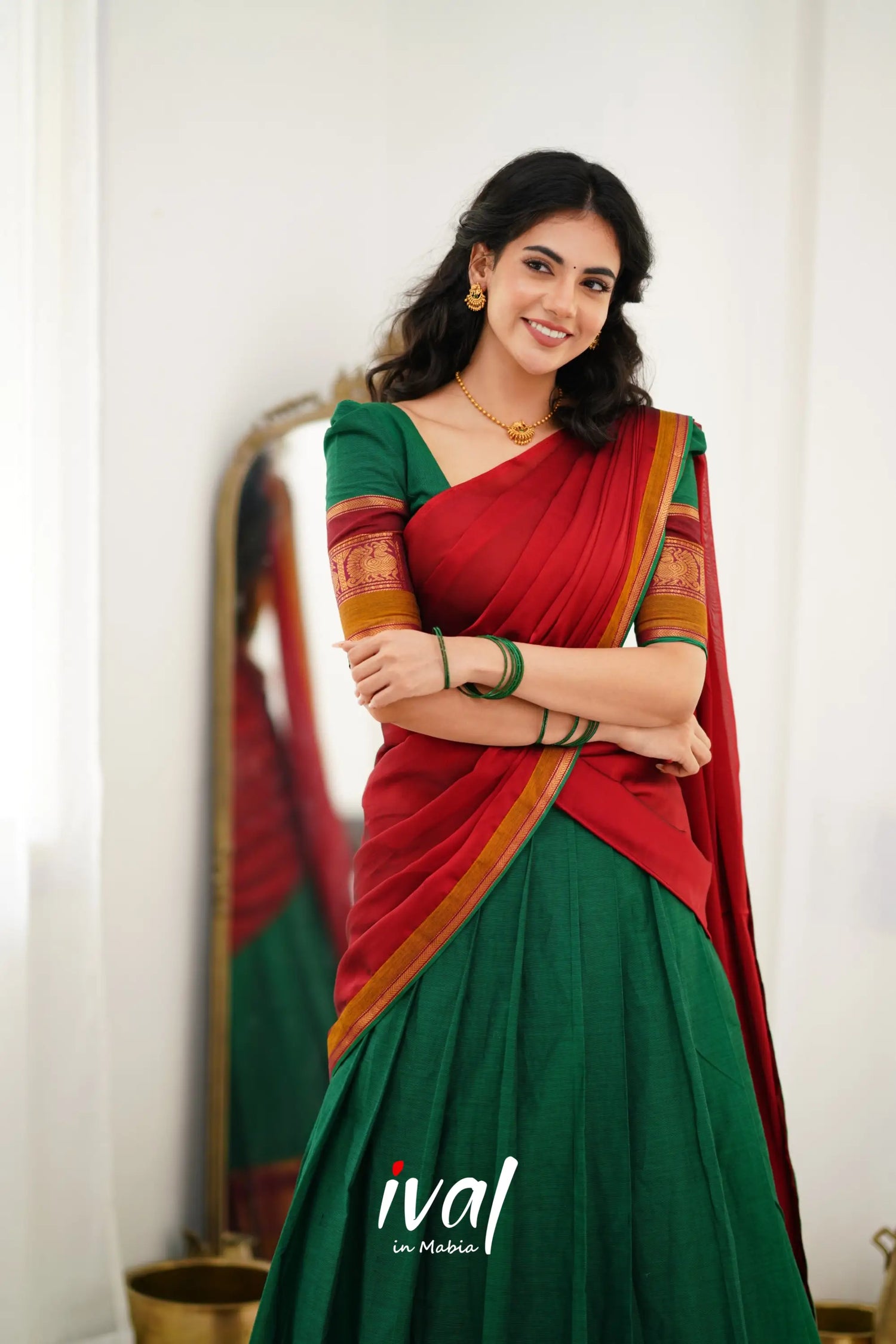 Padmaja Cotton Halfsaree - Green And Reddish Maroon Half Sarees