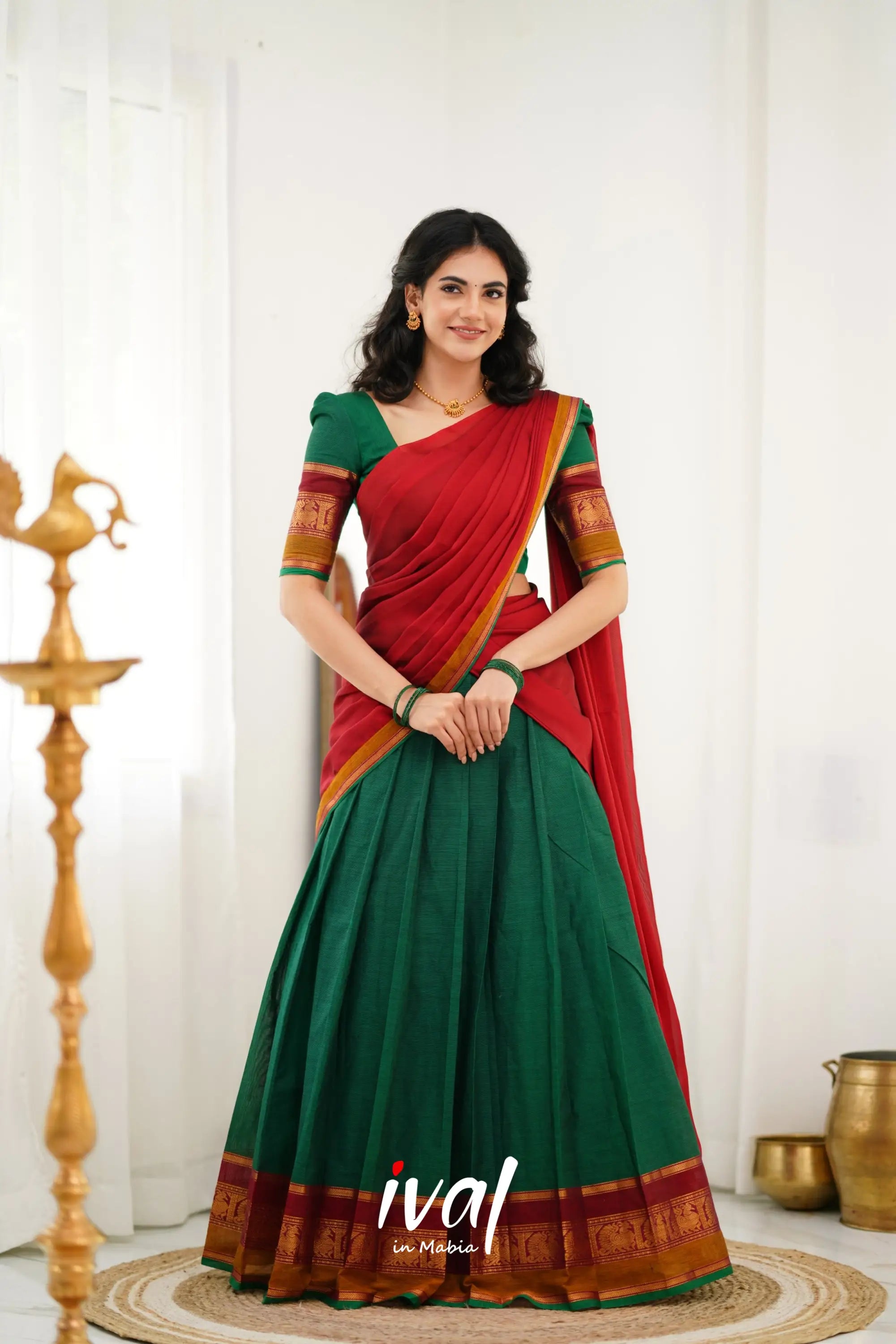 Padmaja Cotton Halfsaree - Green And Reddish Maroon Half Sarees